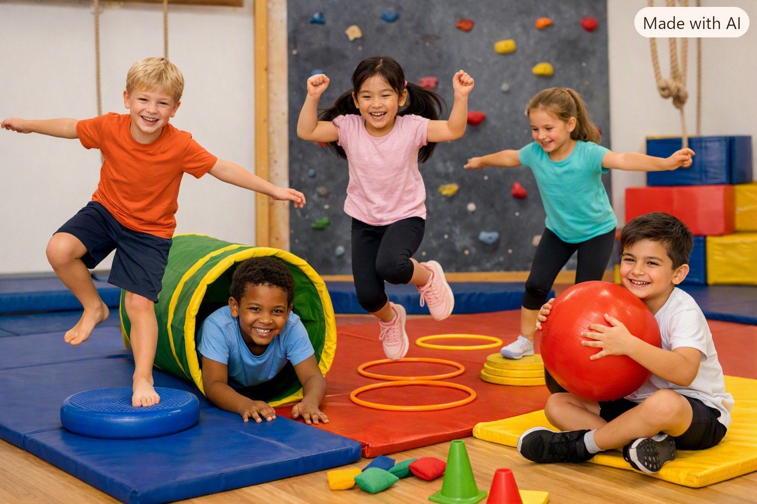 Kinder klettern und spielen in einem bunten Bewegungsparcours (KI-generiertes Bild)
