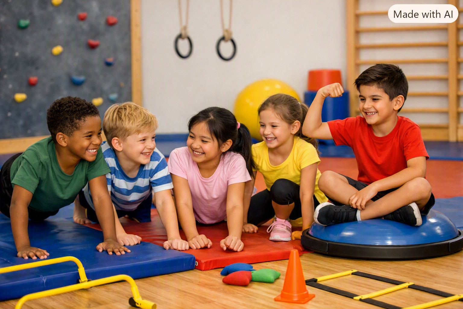 Kinder liegen lachend nebeneinander auf Matten im Bewegungsraum