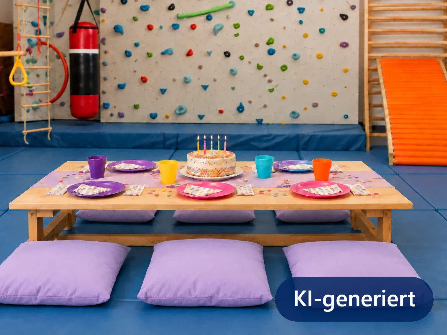 KI-generiertes Bild: Geburtstagstisch mit Torte und lila Polstern im Freiraum von ANKERZEIT