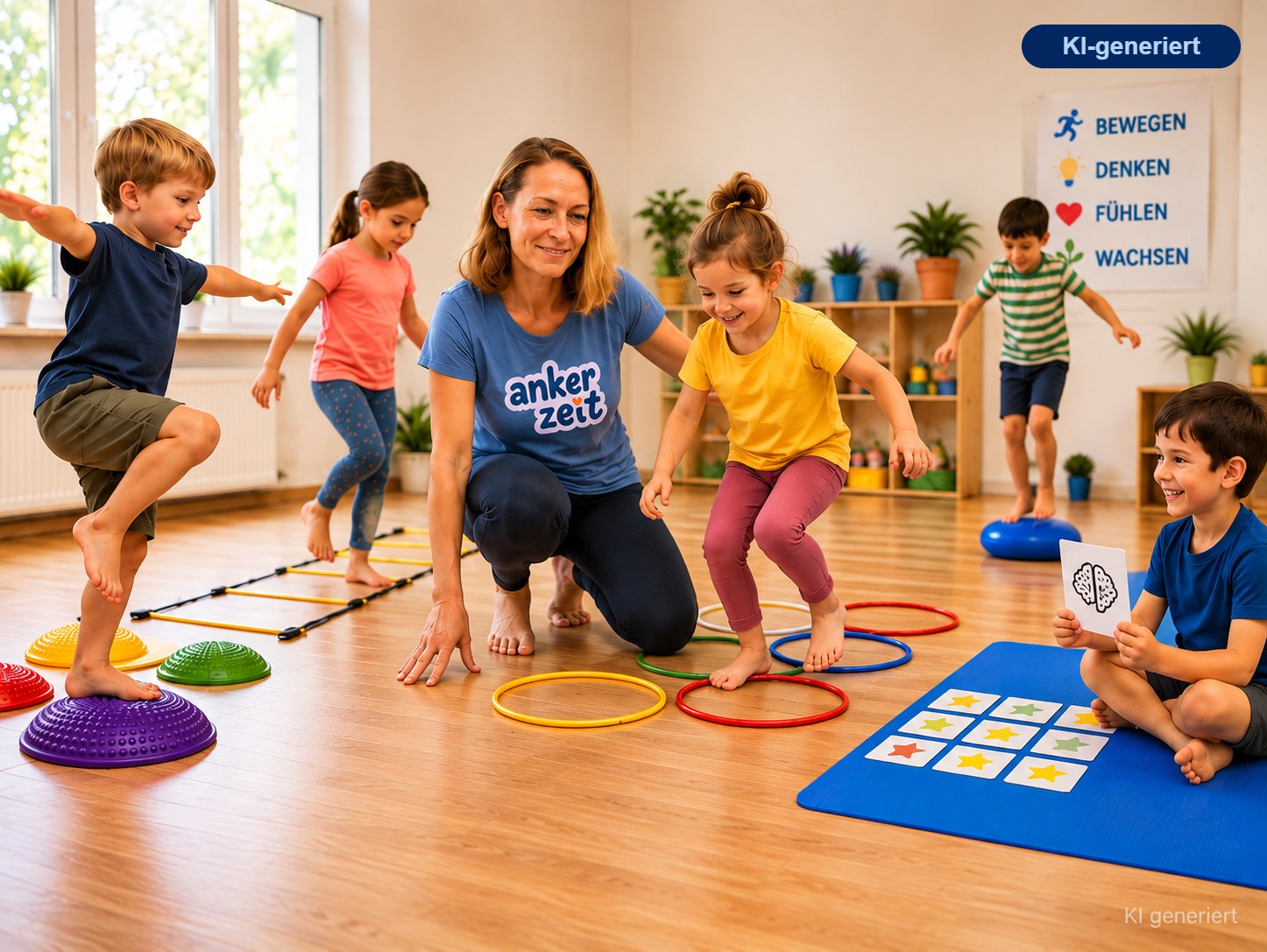 Kinder lernen spielerisch mit Bewegung, Herbstferiencamp Ausflüge & Lernen in der Seestadt Wien (KI-generiertes Bild)