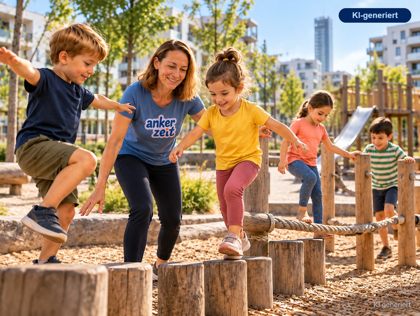 Kinder balancieren am Spielplatz, Herbstferiencamp Ausflüge & Lernen in der Seestadt Wien (KI-generiertes Bild)