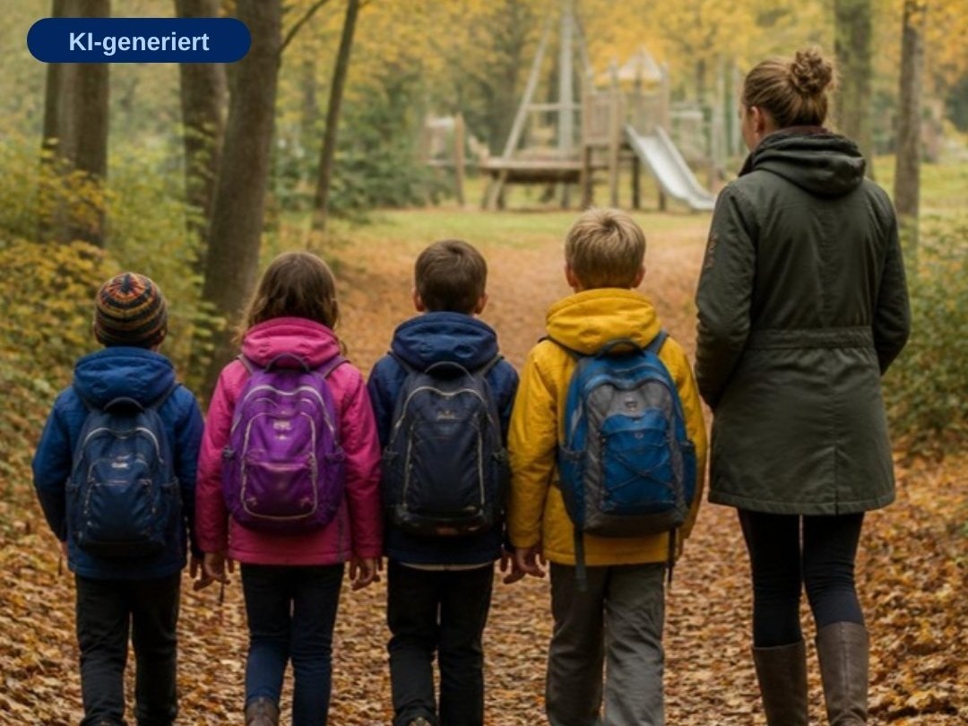 Kindergruppe mit Rucksäcken beim Herbstausflug auf einem Waldweg, Herbstferiencamp in der Seestadt Wien (KI-generiertes Bild)