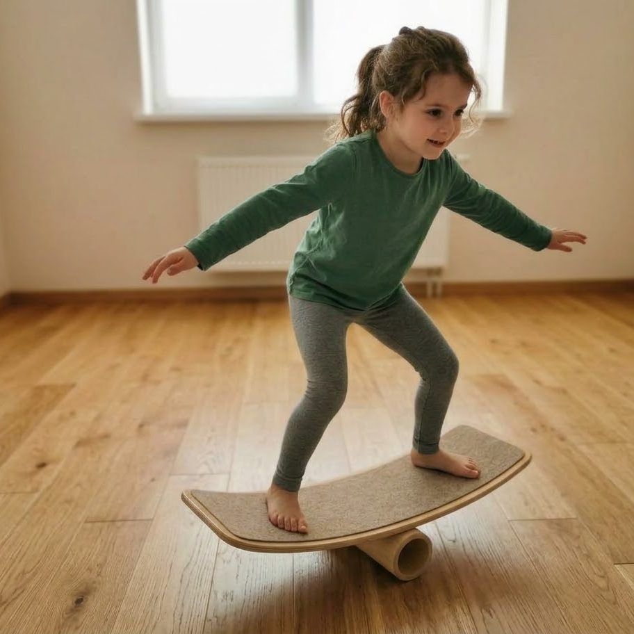 Mädchen balanciert auf einem Balance-Board, Evolutionspädagogik Einzelsetting
