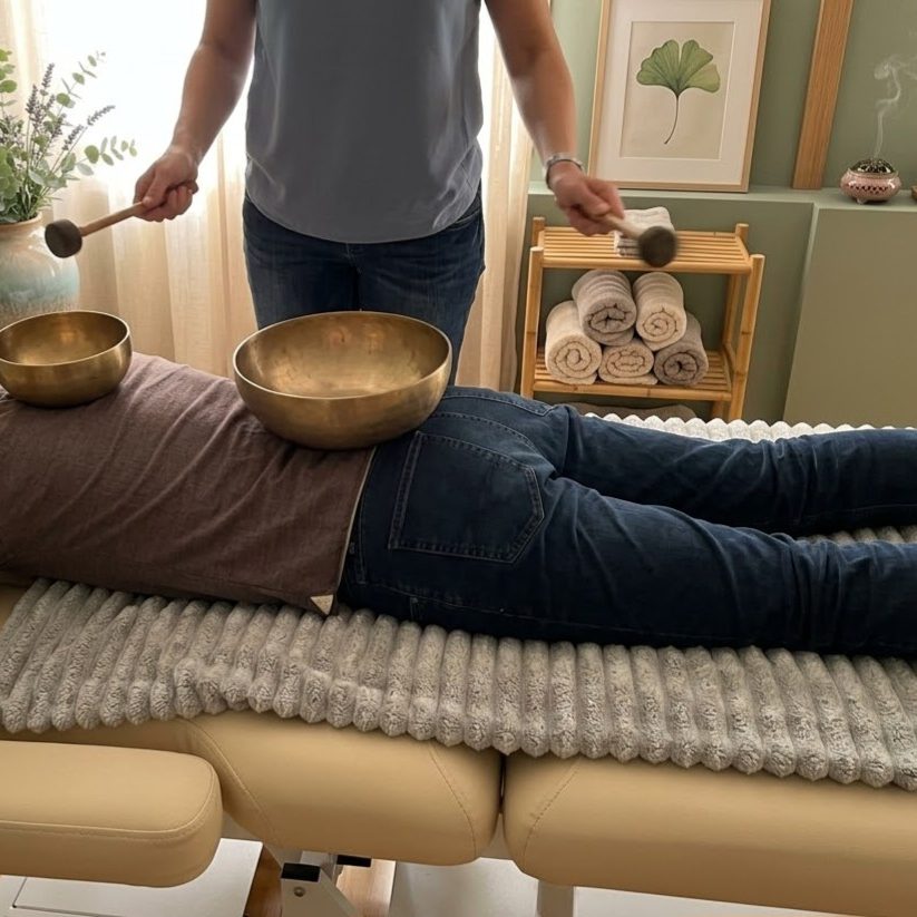 Klangschalen werden bei einer Klangmassage auf den bekleideten Körper gestellt