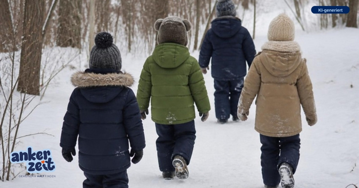 Kinder in Winterjacken gehen auf einem verschneiten Waldweg (KI-generiert)