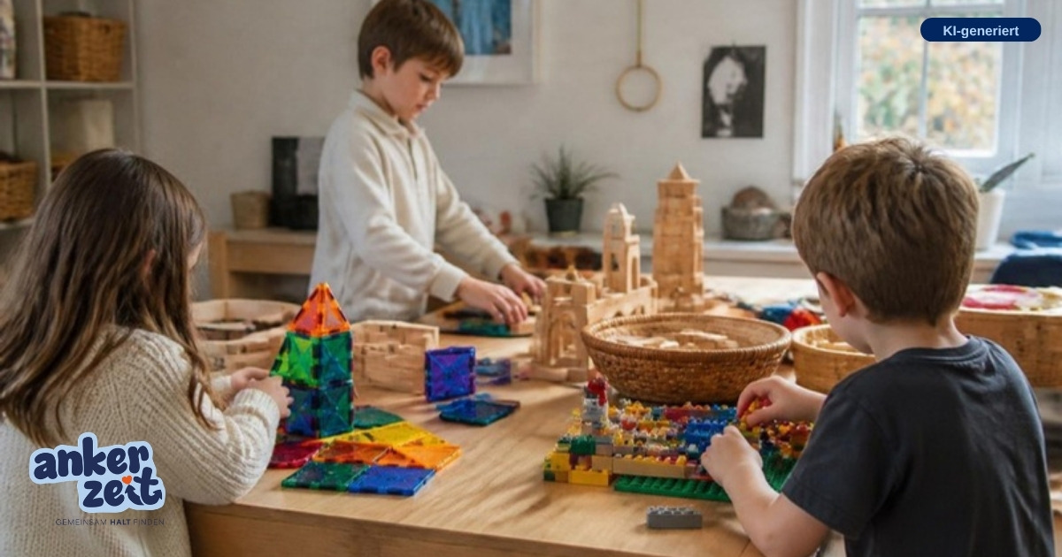 Kinder bauen drinnen mit Holzbausteinen, Magnetbausteinen und LEGO (KI-generiert)