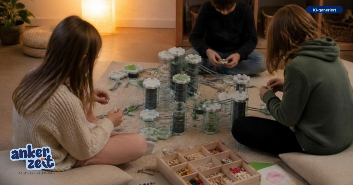 Kinder sitzen konzentriert auf Kissen und bauen und basteln in der Ruheinsel (KI-generiert)