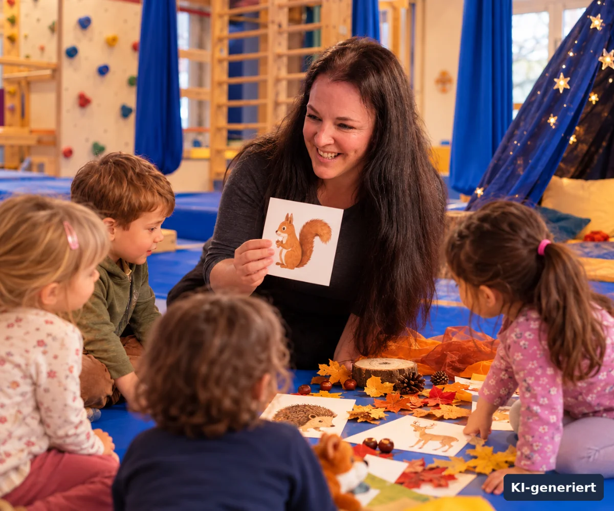Waldzauber in Wien: Pädagogin zeigt Kindern eine Eichhörnchen-Karte beim Herbstgeschichten-Erzählen bei ANKERZEIT in der Seestadt Aspern (KI-generiertes Bild)