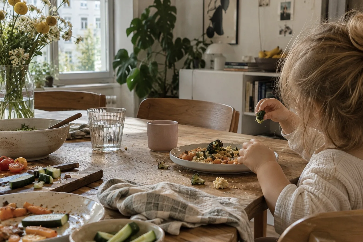 Kleinkind isst am Familientisch mit den Händen Gemüse – Elternworkshop Stressfrei essen in Wien